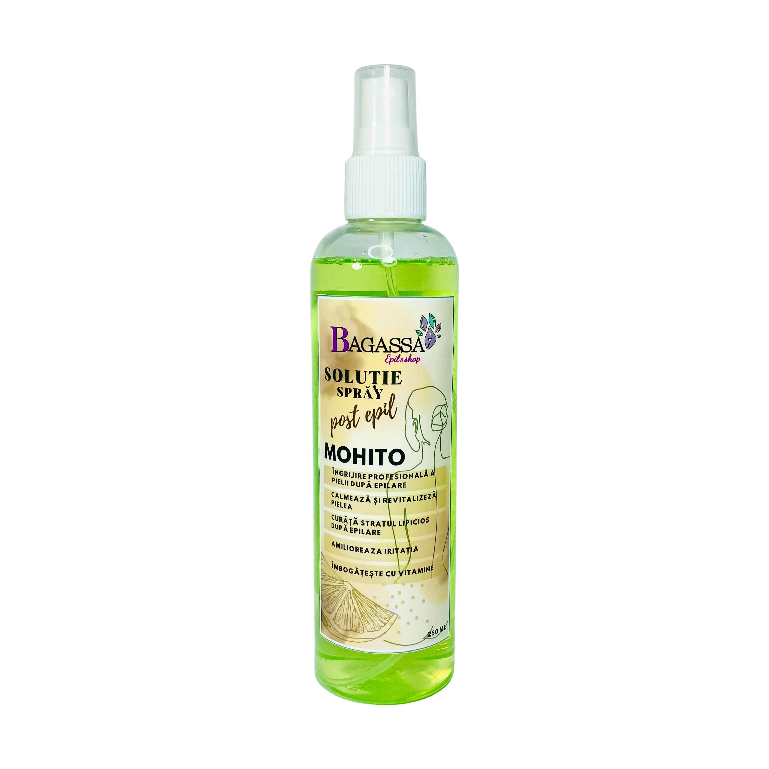 Solutie spray pentru prelucrarea pielii dupa epilare Bagassa Mohito 250 ml